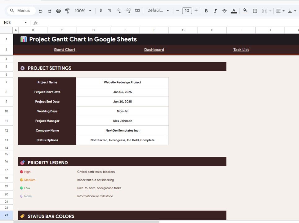 Settings - Project Gantt Chart in Google Sheets