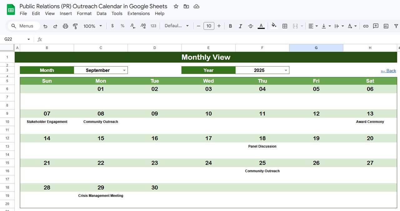 Public Relations PR Outreach Calendar - Monthly View