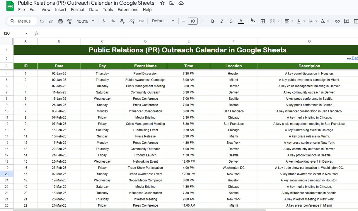 Public Relations PR Outreach Calendar - Events Sheet