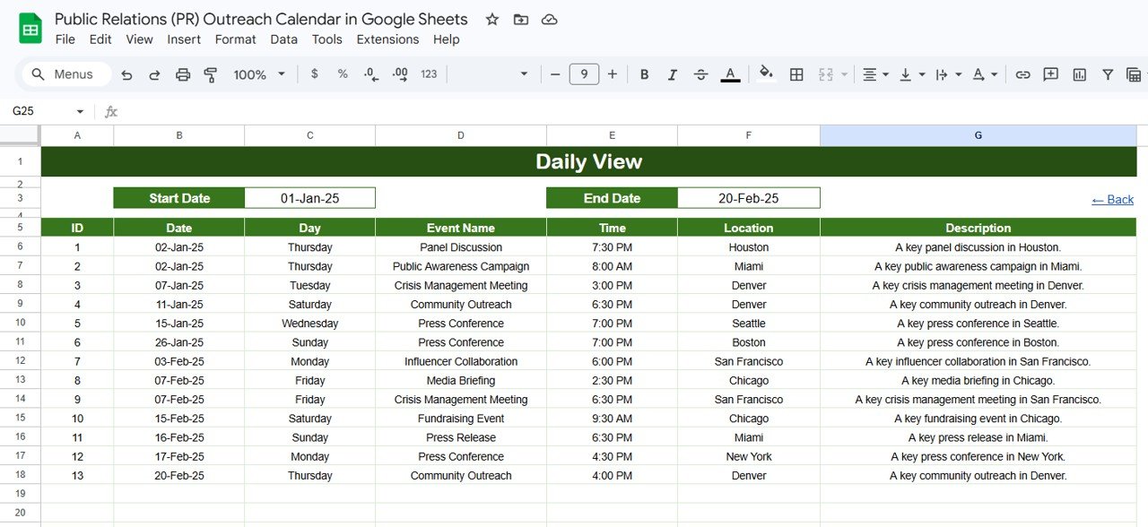 Public Relations PR Outreach Calendar - Daily View
