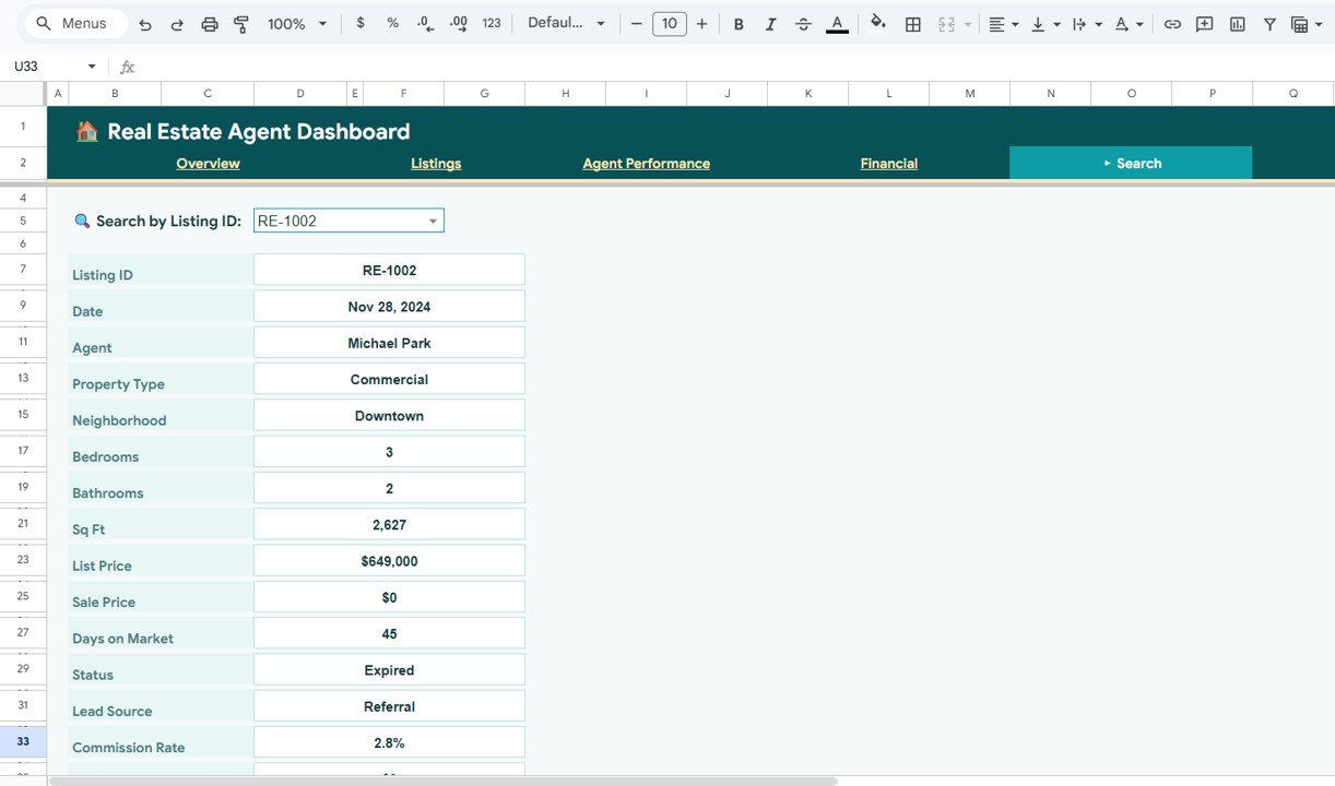 Real Estate Agent Dashboard in Google Sheets - Search Sheet