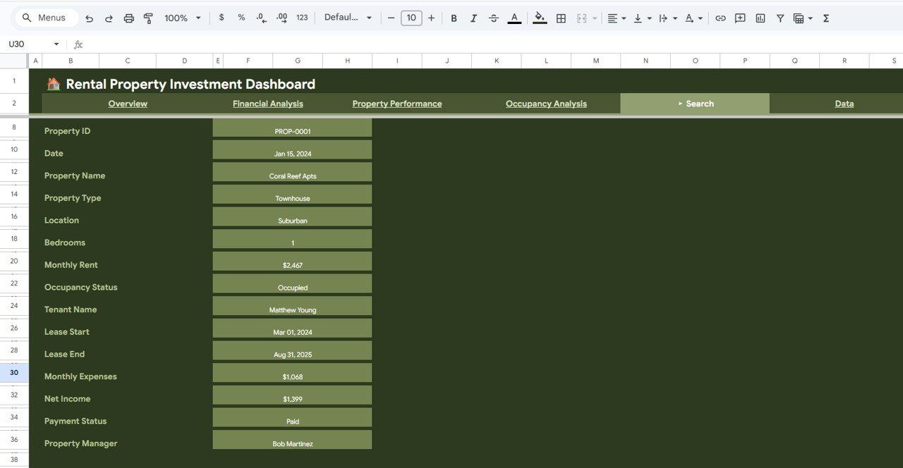 Rental Property Investment Dashboard - Search Sheet