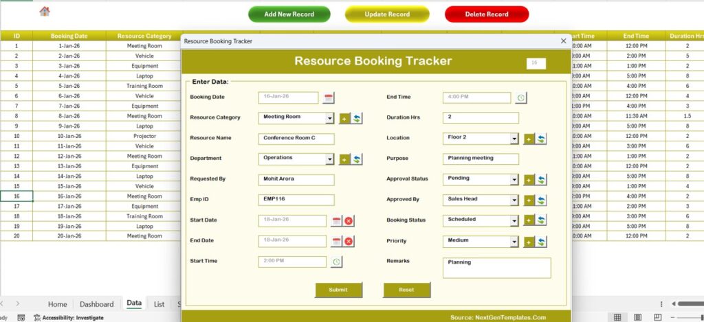 Resource Booking Tracker in Excel - Next Gen Templates