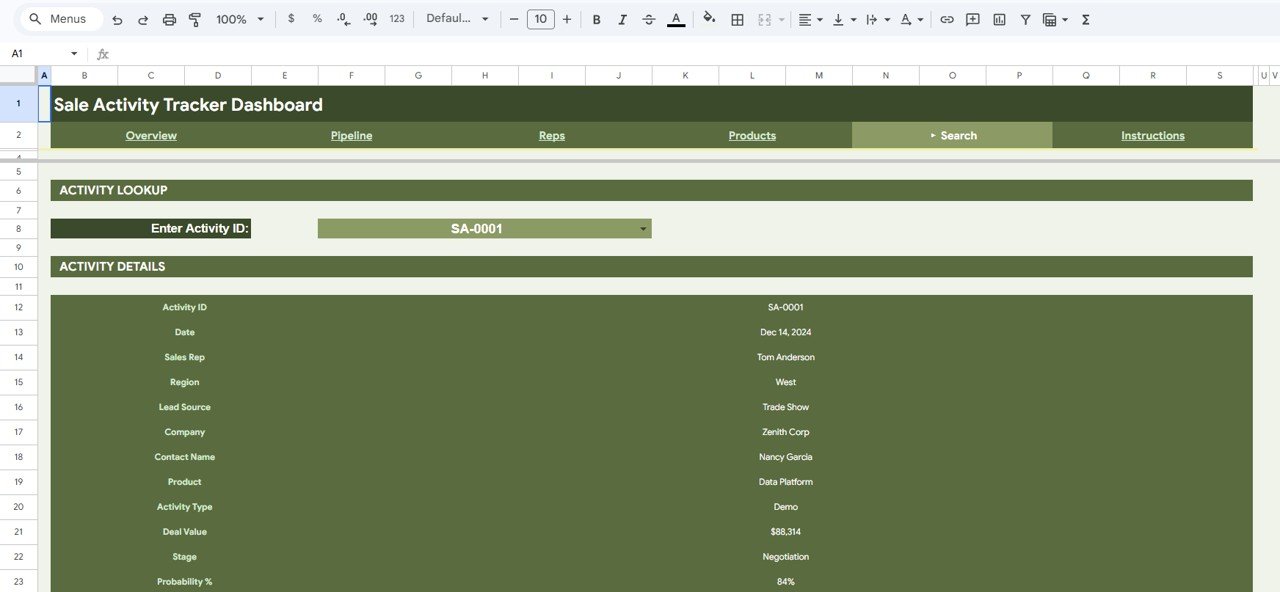 Sale Activity Tracker in Google Sheets - Search Page