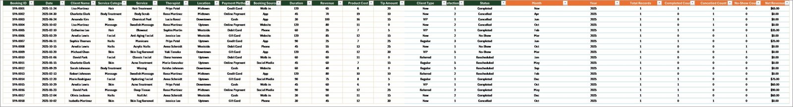 Salon and Spa Dashboard in Excel - Data Sheet