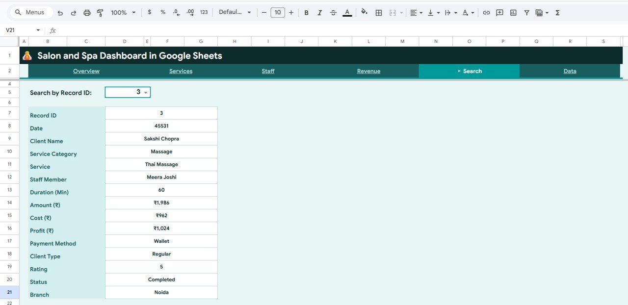 Salon and Spa Dashboard - Search Sheet