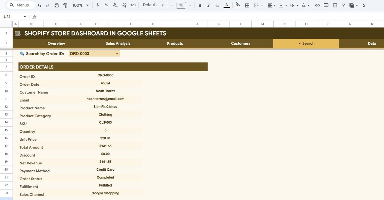 Shopify Store Dashboard - Search Sheet