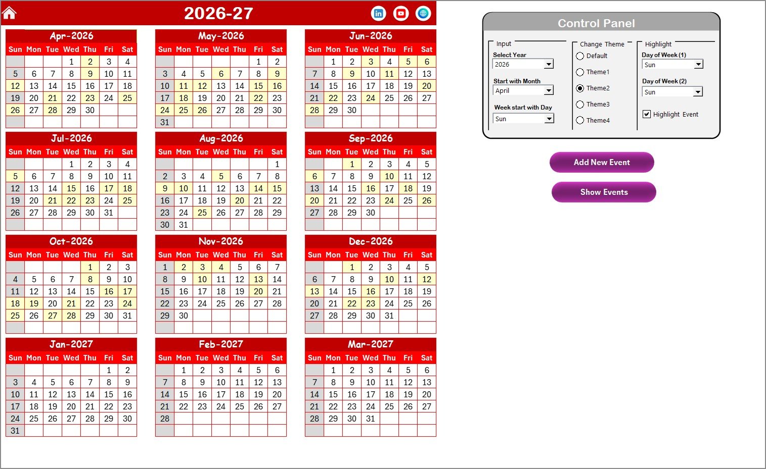 Staff Birthday and Anniversary Calendar in Excel - Annual View