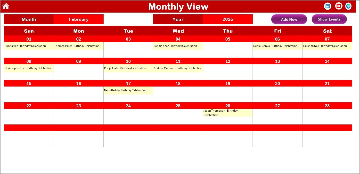 Staff Birthday and Anniversary Calendar in Excel - Monthly View