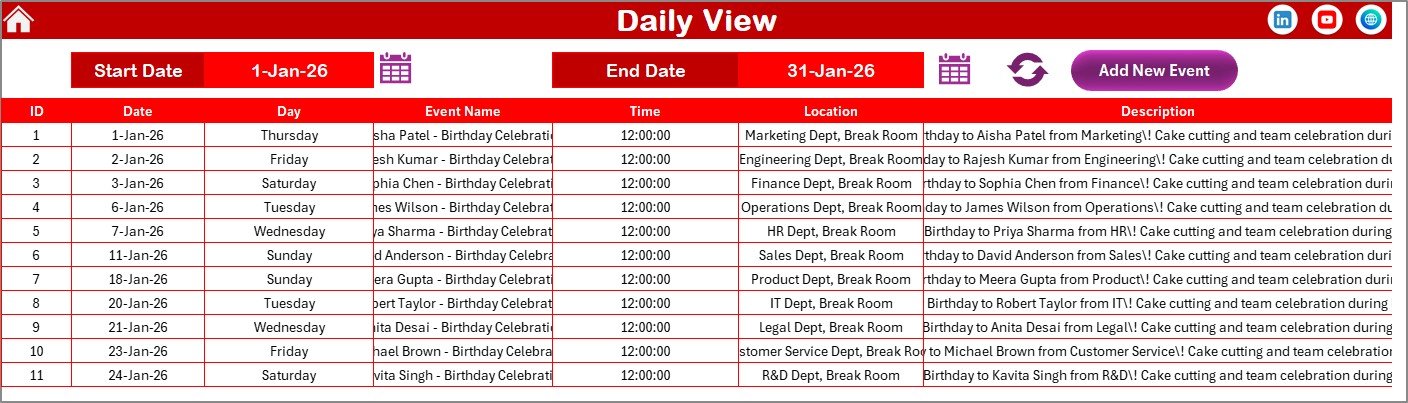 Staff Birthday and Anniversary Calendar in Excel - Daily View