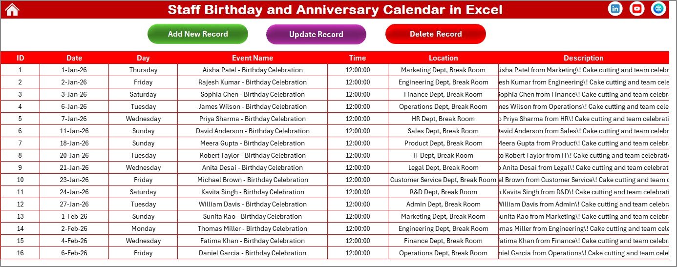 Staff Birthday and Anniversary Calendar in Excel - Events Database