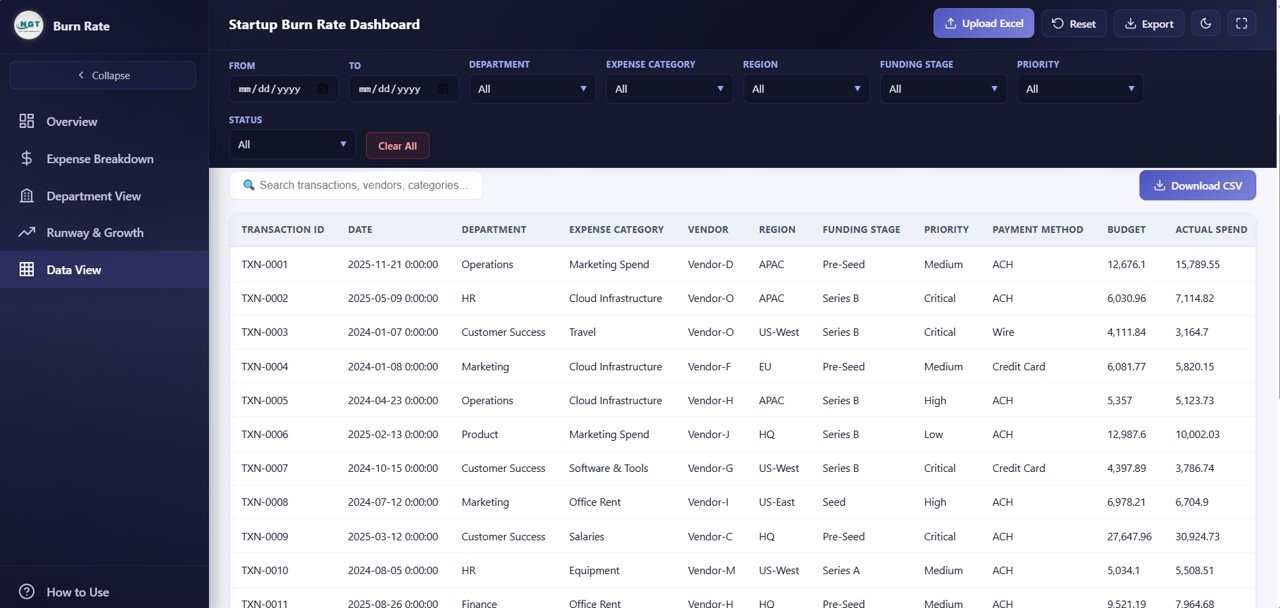 Startup Burn Rate Dashboard - Data View