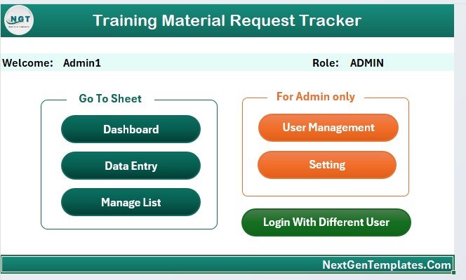 Training Material Request Tracker in Excel - Login Form