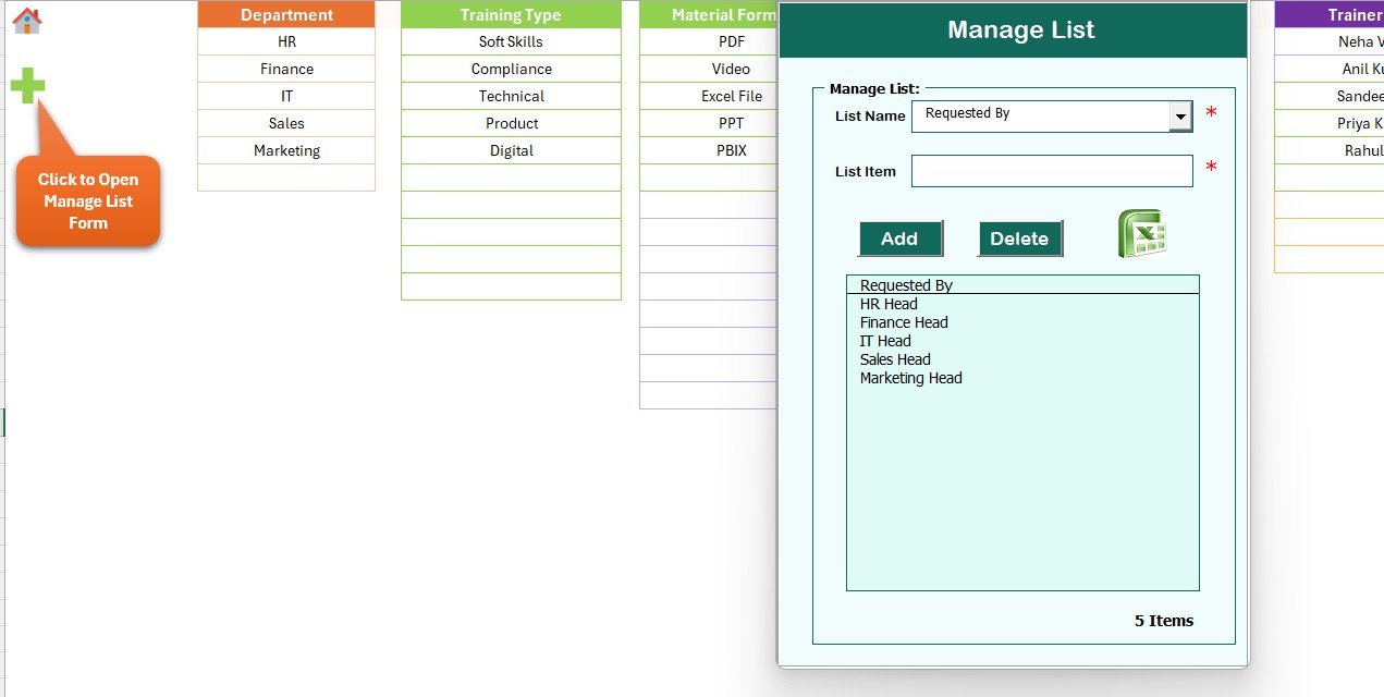 Training Material Request Tracker in Excel - Data Sheet