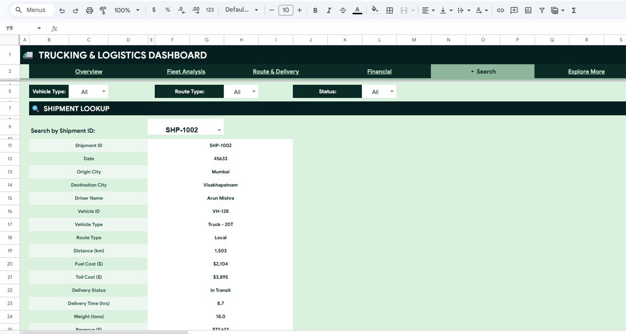 Trucking and Logistics Dashboard Search Sheet