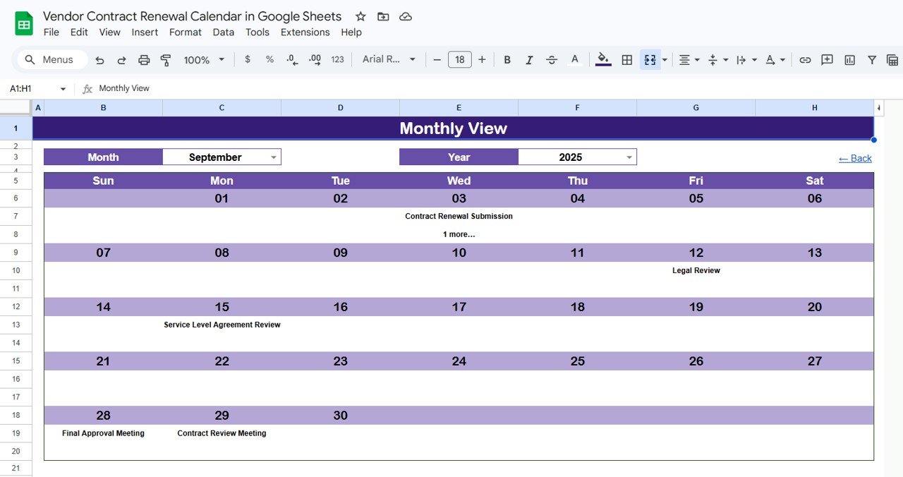 Vendor Contract Renewal Calendar - Monthly View