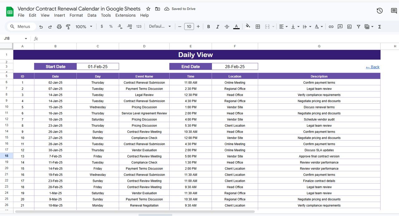 Vendor Contract Renewal Calendar - Daily View