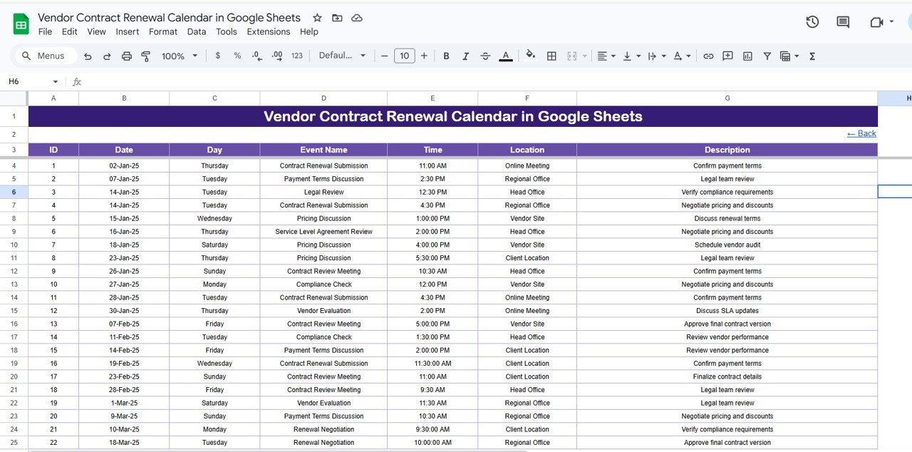 Vendor Contract Renewal Calendar - Events Sheet