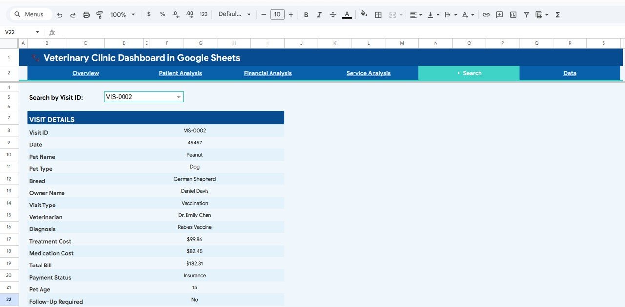 Veterinary Clinic Dashboard in Google Sheets - Search Page