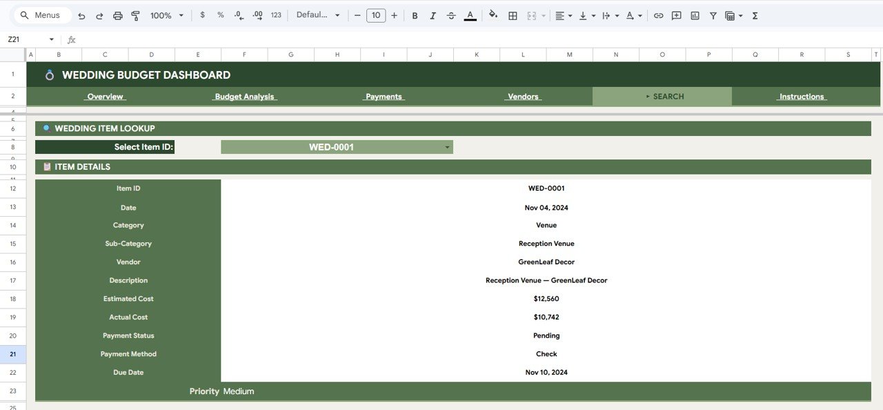 Wedding Budget Dashboard in Google Sheets - Search Sheet
