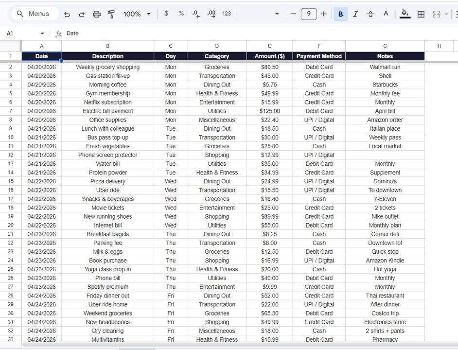 Weekly Expense Tracker in Google Sheets - Data Sheet