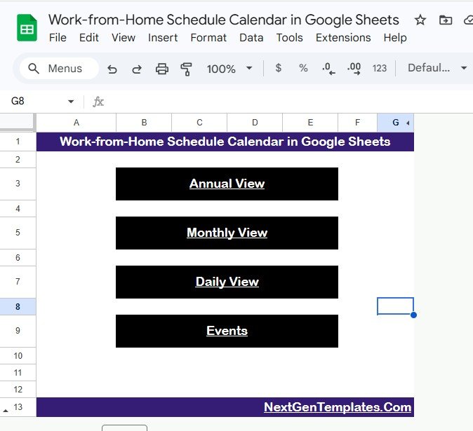 Work-from-Home Schedule Calendar in Google Sheets - Home Sheet