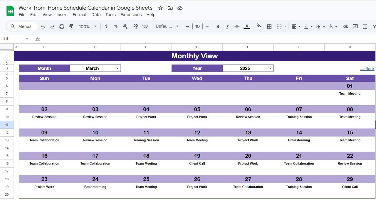 Work-from-Home Schedule Calendar in Google Sheets - Monthly View