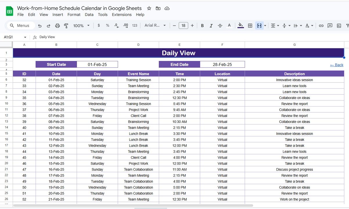 Work-from-Home Schedule Calendar in Google Sheets - Daily View