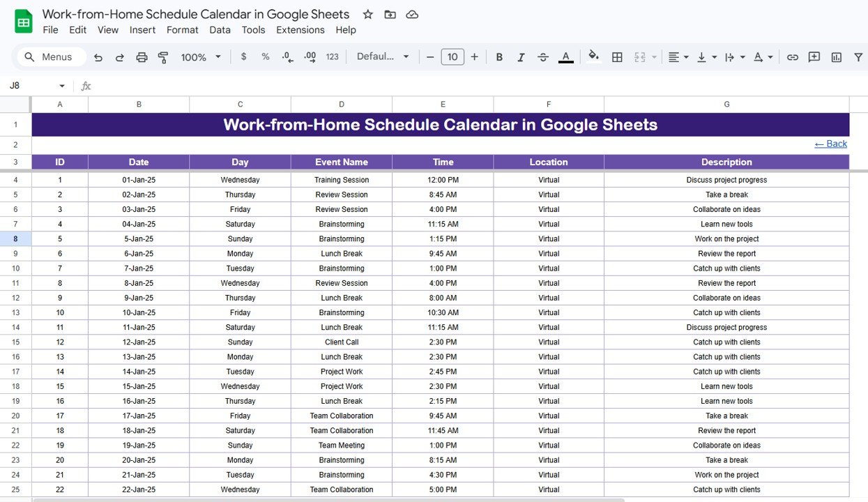 Work-from-Home Schedule Calendar in Google Sheets - Events Sheet