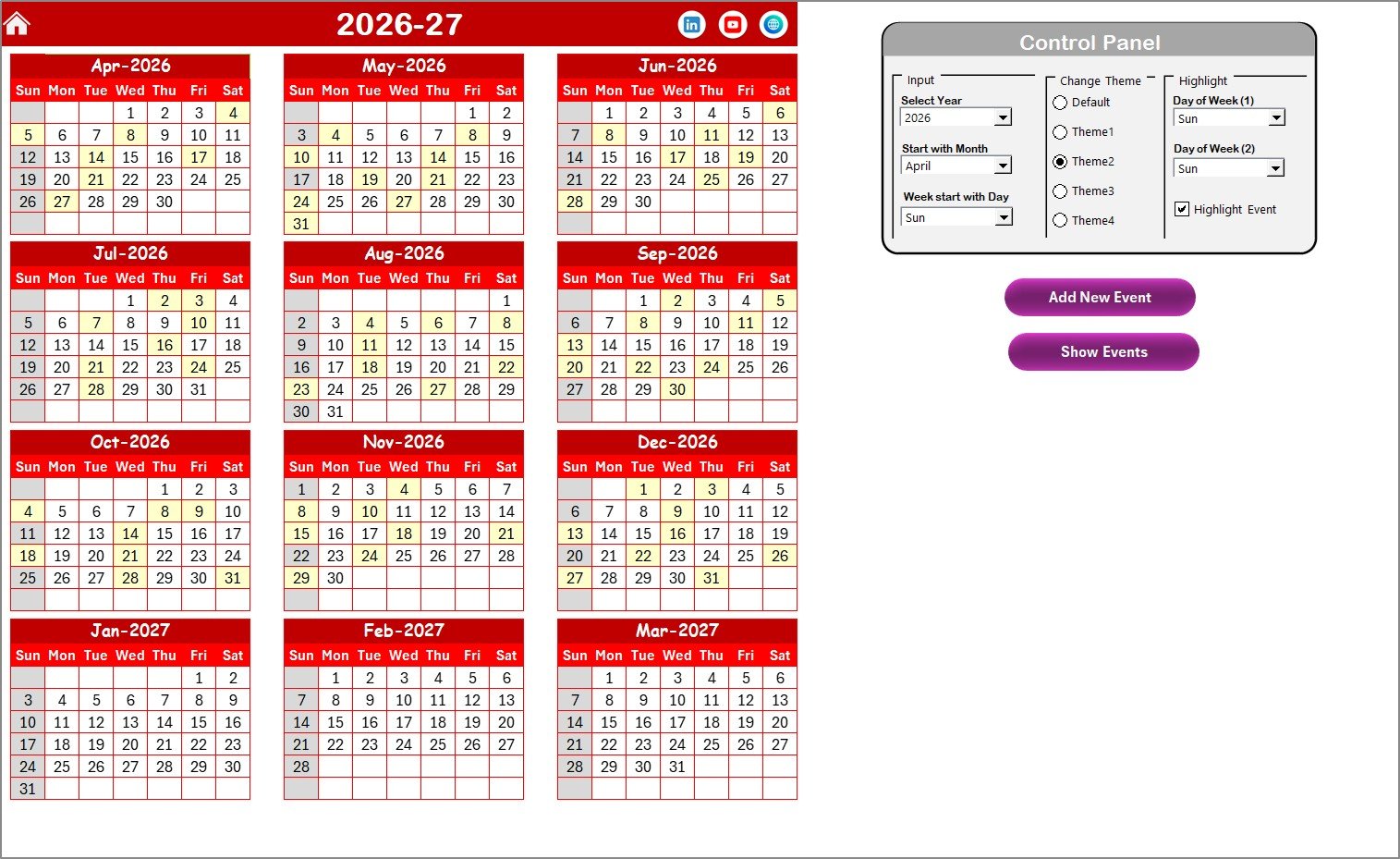 Audit Preparation Calendar in Excel - Annual View
