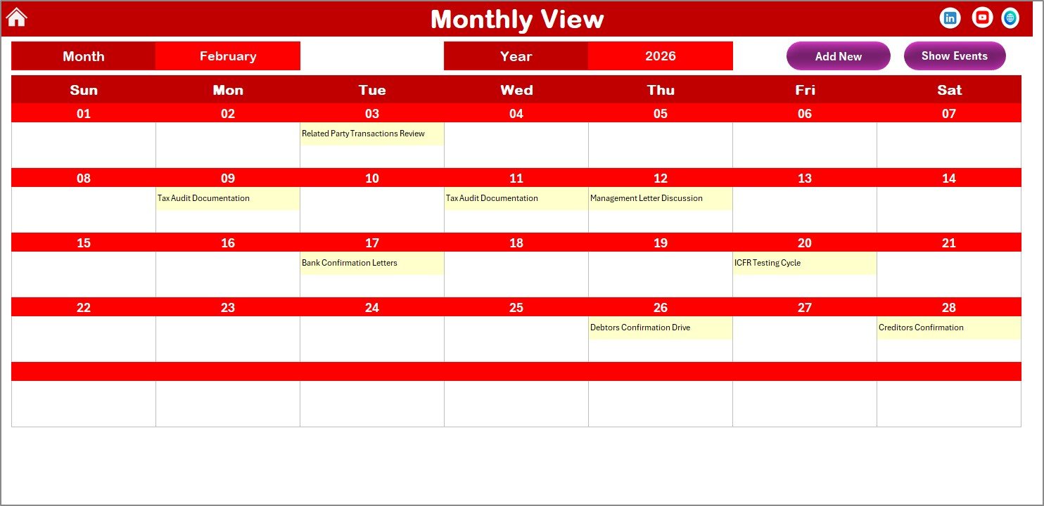 Audit Preparation Calendar in Excel - Monthly View