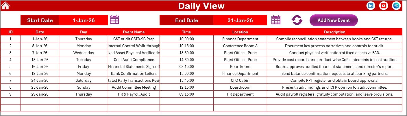 Audit Preparation Calendar in Excel - Daily View