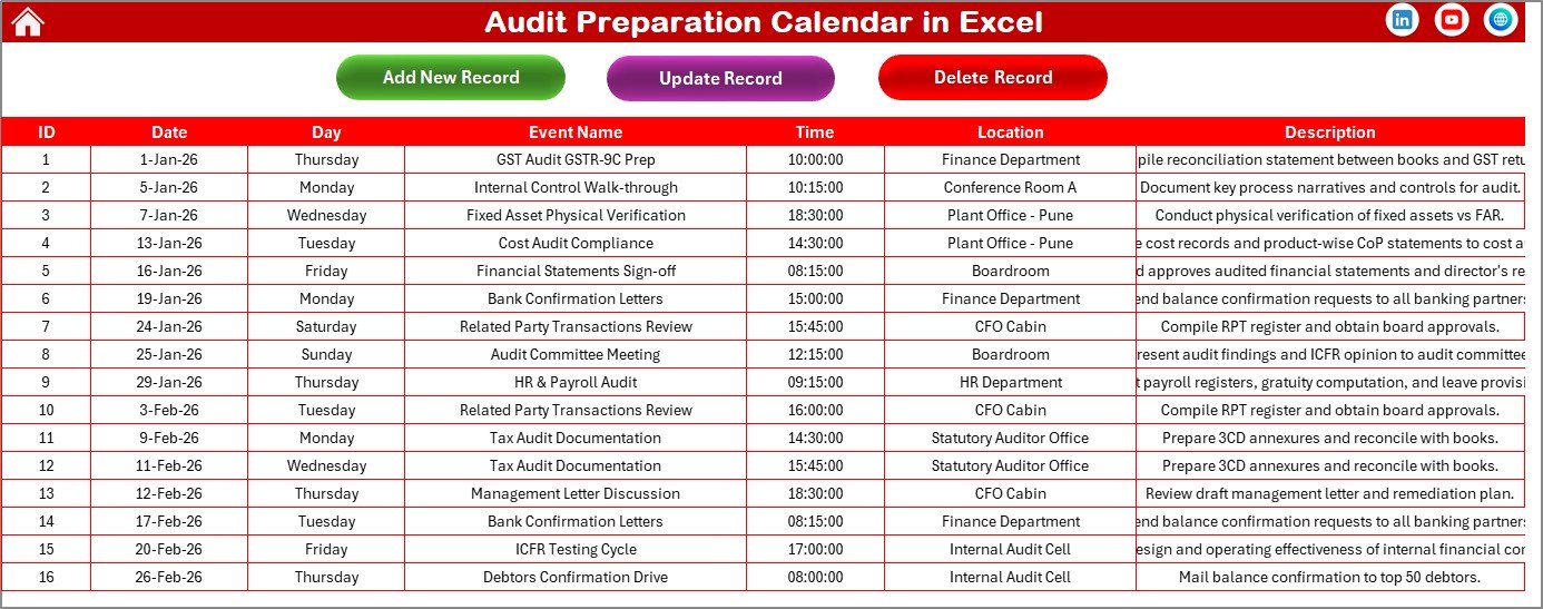 Audit Preparation Calendar in Excel - Events Database