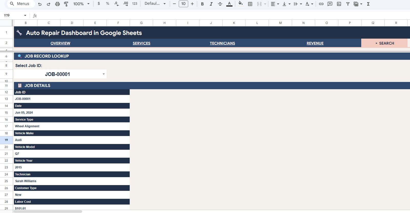 Auto Repair Dashboard - Search Sheet tab