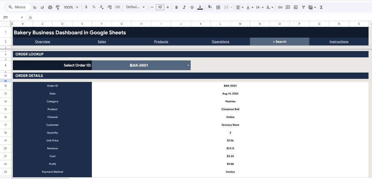 Bakery Business Dashboard - Search Sheet
