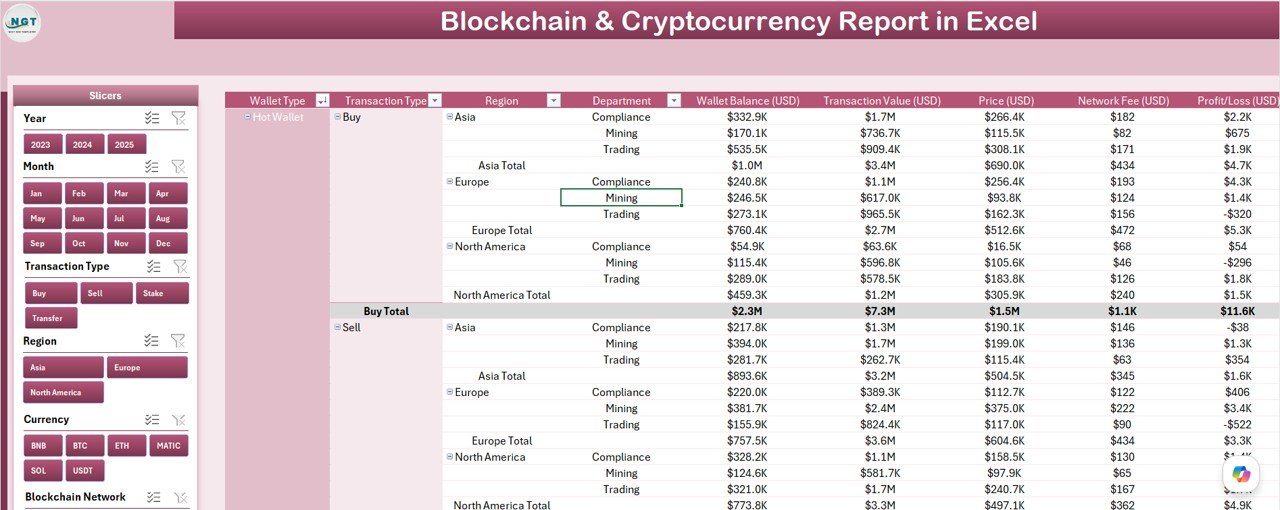 Blockchain Cryptocurrency Report in Excel - Report Page Information Table