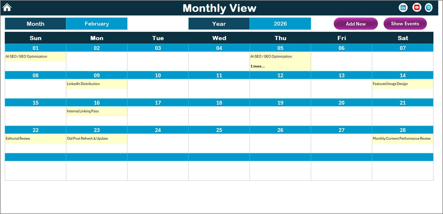Blog Editorial and SEO Calendar in Excel monthly view sheet