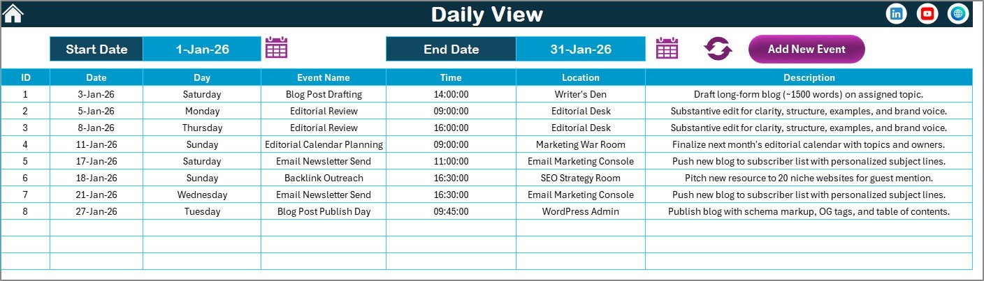 Blog Editorial and SEO Calendar in Excel daily view sheet