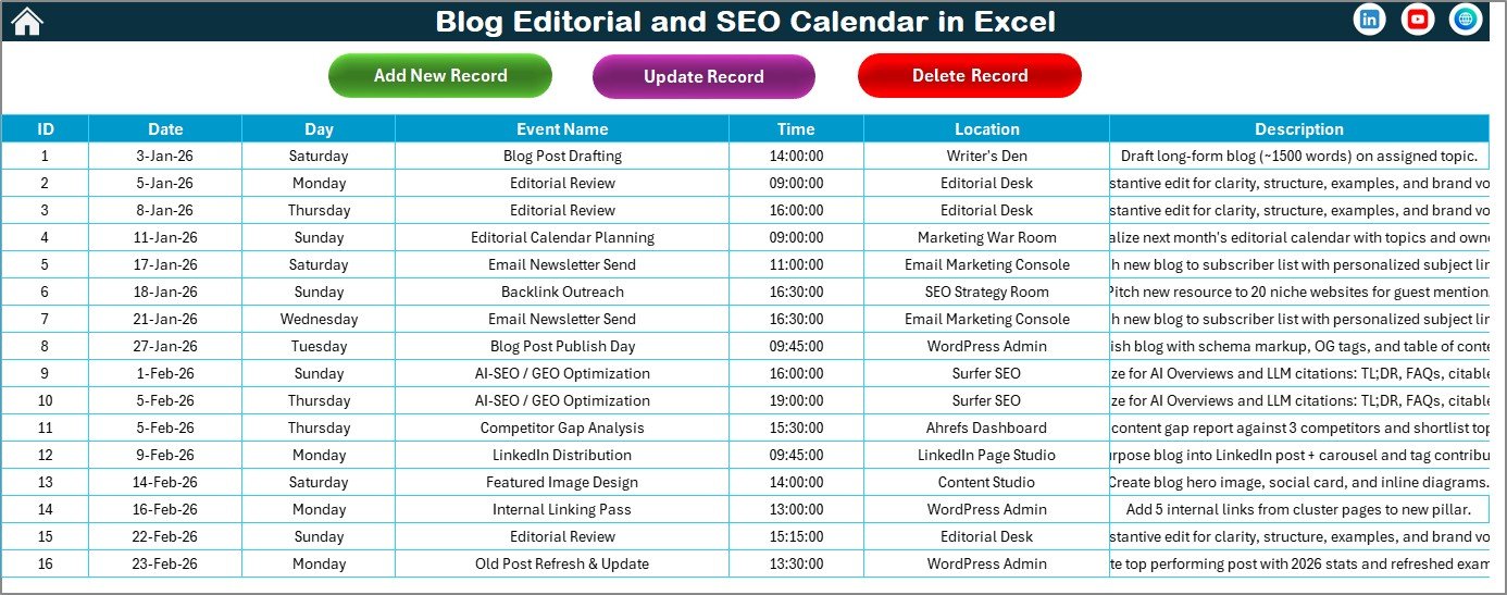 Blog Editorial and SEO Calendar in Excel events database sheet