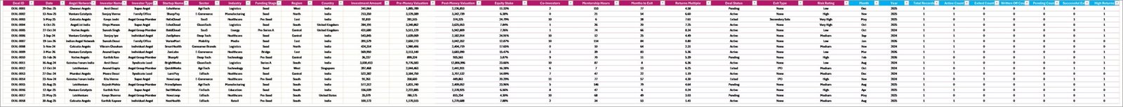Business Angel Networks Dashboard in Excel - Data Sheet Tab
