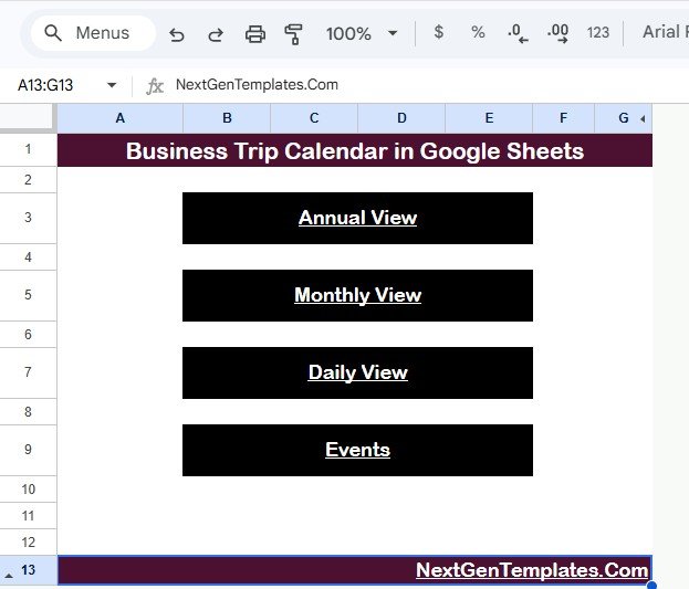 Business Trip Calendar in Google Sheets home sheet