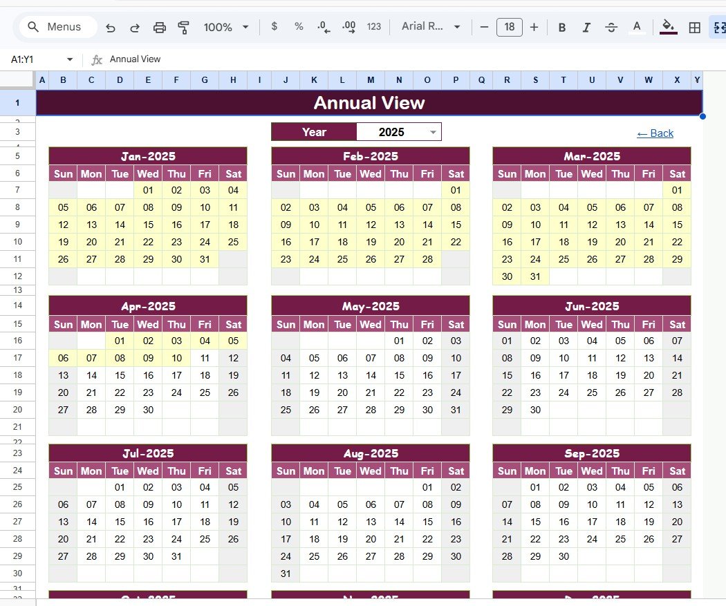 Business Trip Calendar in Google Sheets annual view sheet