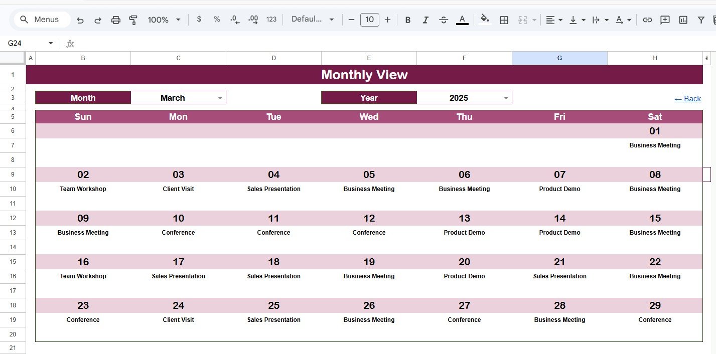 Business Trip Calendar in Google Sheets monthly view sheet