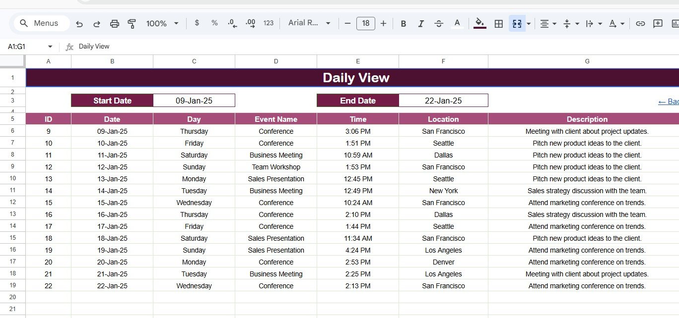 Business Trip Calendar in Google Sheets daily view sheet
