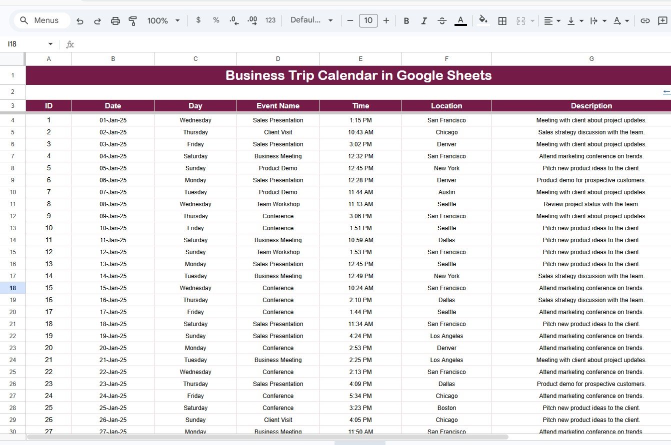 Business Trip Calendar in Google Sheets events database sheet