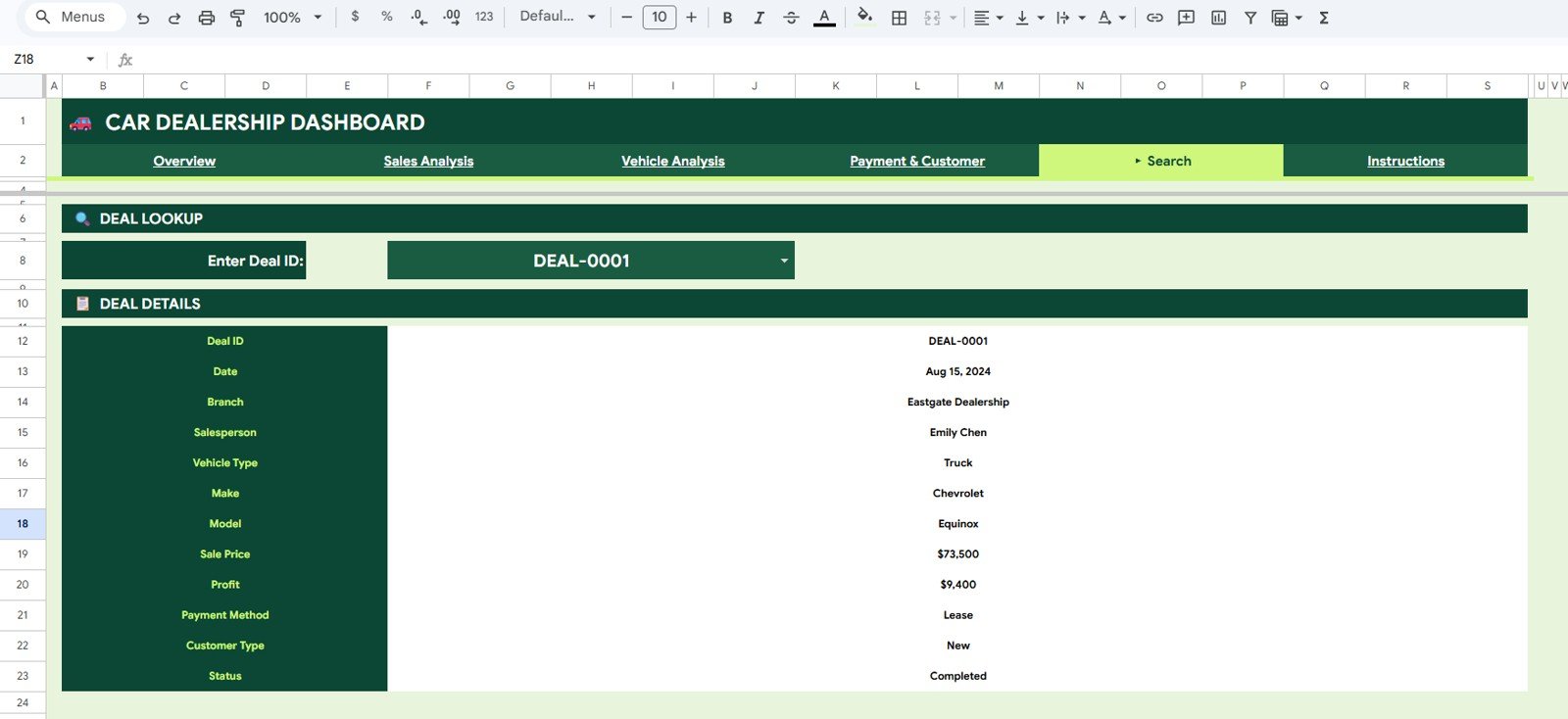 Car Dealership Dashboard in Google Sheets - Search Sheet tab