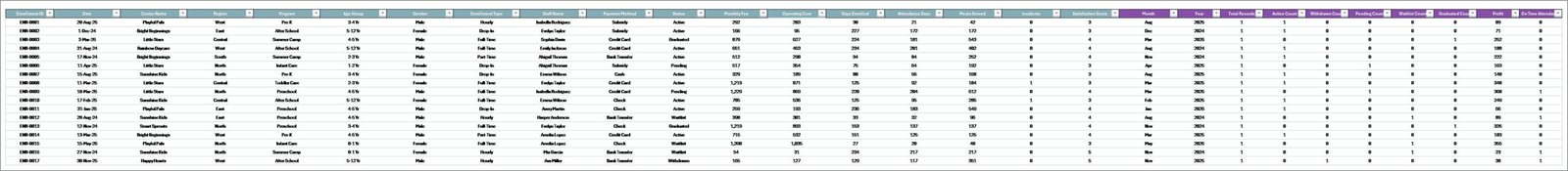 Childcare Services Dashboard in Excel - Data Sheet