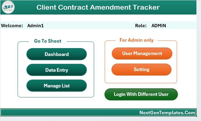 Client Contract Amendment Tracker in Excel - Home Page