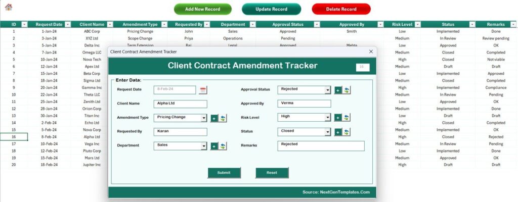 Client Contract Amendment Tracker in Excel - Next Gen Templates