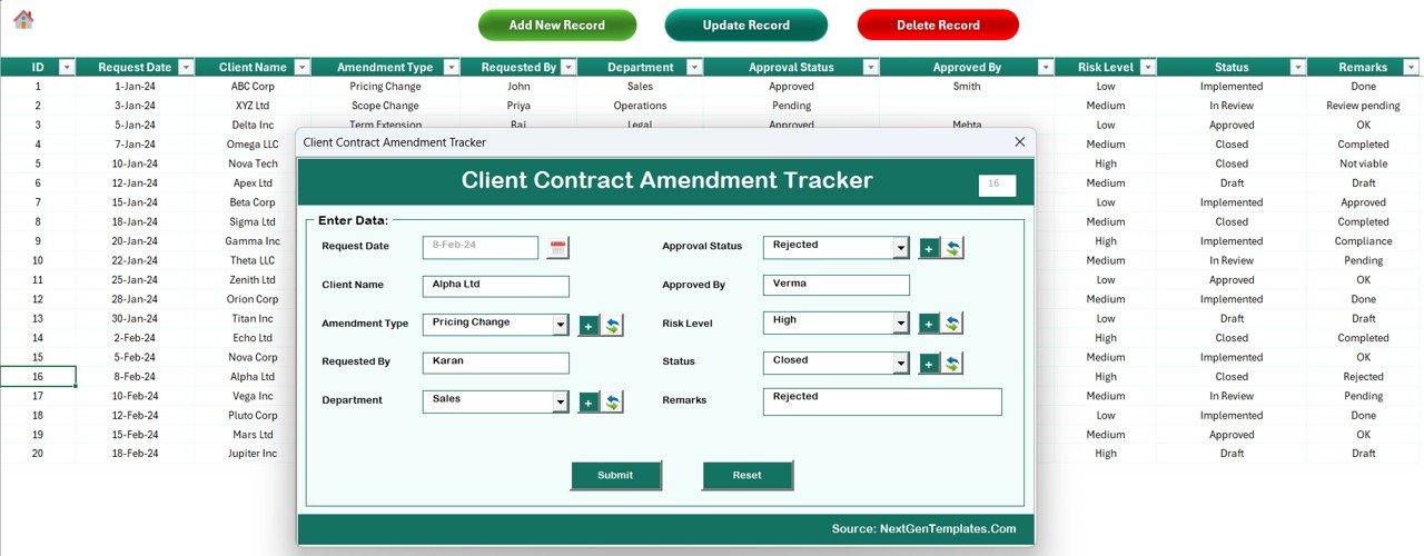 Client Contract Amendment Tracker in Excel - Data Sheet with Add Update Delete buttons